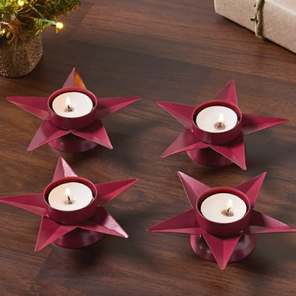 Christmas Star Metal Barn Red Tealight Candle Holders Set of Four Farmhouse…